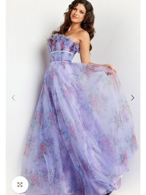 Jovani Lavender Floral Strapless Tulle Gown with Pastel Blooms